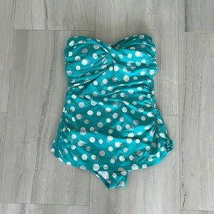 Aqua and white large polka dot one piece swimsuit. Size 12